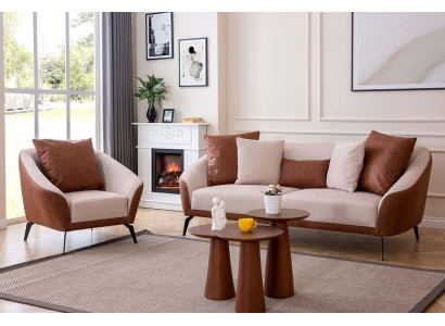 Marrón-beige conjunto de sofás de salón diseñador de tres plazas lujoso sillón