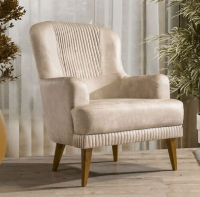 Sillón de diseño beige de una plaza para sala de estar, asiento tapizado con estilo.