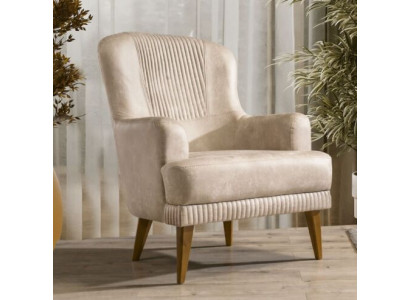 Sillón de diseño beige de una plaza para sala de estar, asiento tapizado con estilo.