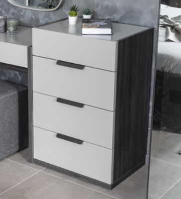 Cómoda de dormitorio de diseño de madera de lujo gris y blanco con 4 cajones.