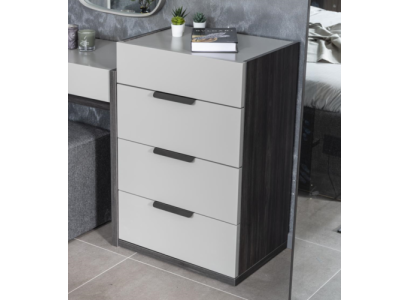 Cómoda de dormitorio de diseño de madera de lujo gris y blanco con 4 cajones.