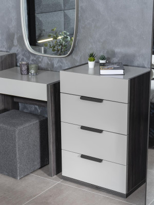 Cómoda de dormitorio de diseño de madera de lujo gris y blanco con 4 cajones.