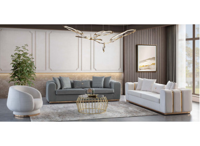 Muebles tapizados blancos y grises. Lujoso juego de sofás de acero inoxidable de 4 plazas, 3 piezas.
