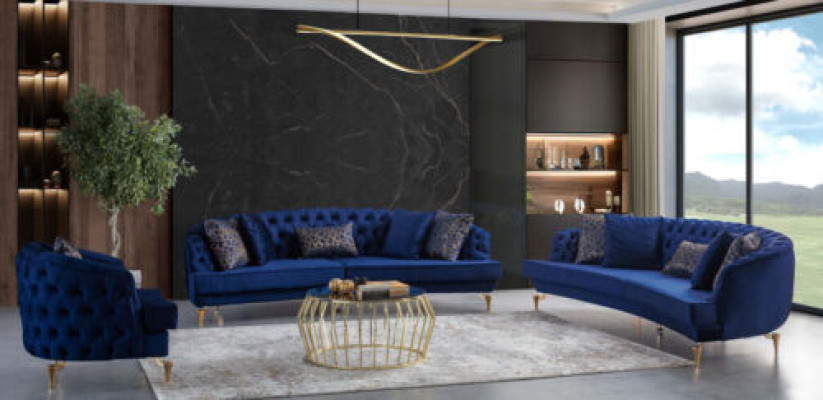 Moderno conjunto de sofás Chesterfield azules tapizados de 4 plazas con sillón.