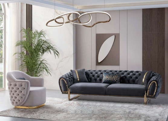 Sofá Chesterfield en gris y blanco. Conjunto de sofás modernos de 2 y 3 plazas.