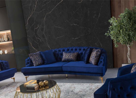 Conjunto de sofás azules modernos Lujosos sillones de tela de cuatro plazas