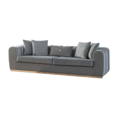 Diseñador de cuatro plazas gris sofá lujoso de cuatro plazas con tapicería elegante.