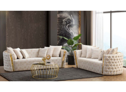 Juego de sofás Chesterfield beige completo: sofá de 3 plazas, sillón de 2 plazas, 2 piezas.