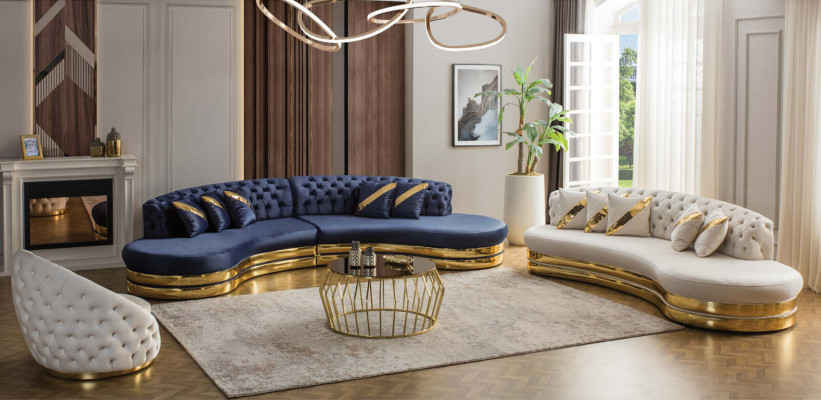 Sofá Chesterfield azul semicircular diseñador Sillón blanco 2 piezas conjunto nuevo