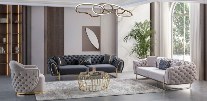 Sofá tapizado negro, diseño Chesterfield para sala de estar.