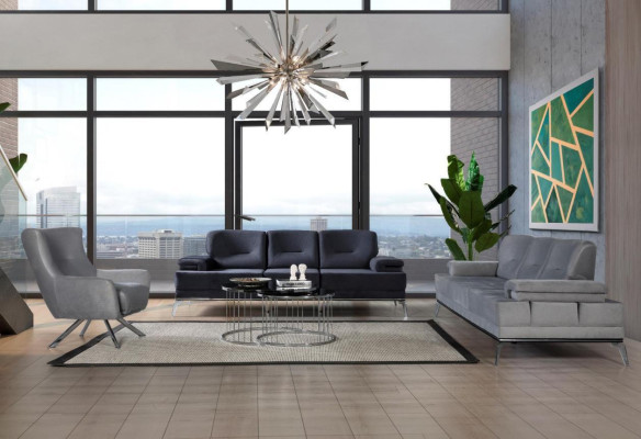 Conjunto completo de sofás de tela, modernos sofás tapizados de tres plazas y sillón.