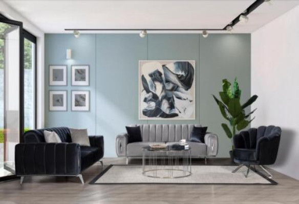 Sofás de acero inoxidable gris oscuro de diseñador, juego de 3 piezas con sillón de tres plazas.