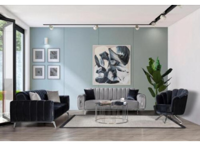 Sofás de acero inoxidable gris oscuro de diseñador, juego de 3 piezas con sillón de tres plazas.