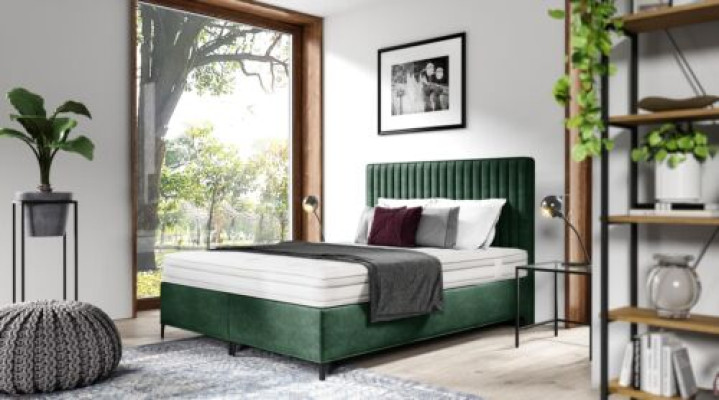 Cama tapizada de lujo con somier de resortes, textil para dormitorio, marco de madera 160x200 cm.