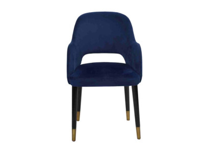 Silla de comedor acolchada azul con marco de madera de diseño moderno.