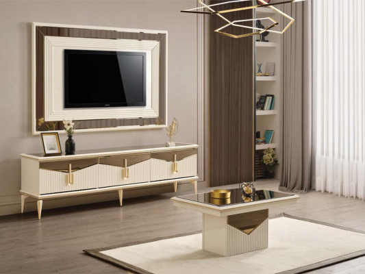 Mueble de TV, soporte de pared, mesa de centro, mueble de TV bajo de 3 piezas dorado beige