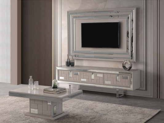 Mueble de salón de lujo Soporte de TV Panel de pared Mesa de centro RTV 3 piezas Blanco