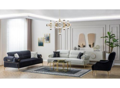 Sofá de tres plazas, sillón, sofá tapizado, sofá de tela azul, juego de 3 piezas