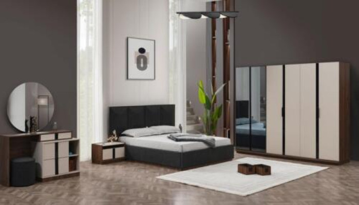 Juego de dormitorio completo de cama doble con mesitas de noche y armario en color beige, 6 piezas.