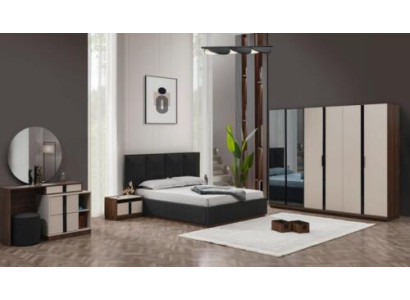 Juego de dormitorio completo de cama doble con mesitas de noche y armario en color beige, 6 piezas.