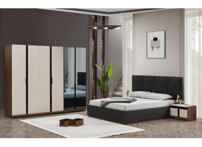 Conjunto dormitorio Cama doble Mesitas de noche Armario Gris 4 piezas