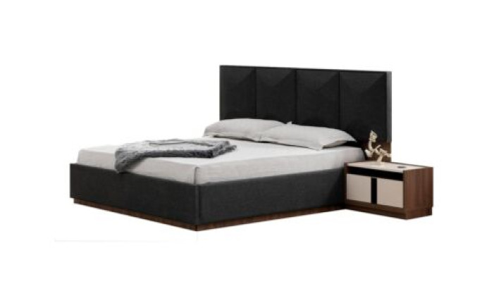Juego de cama doble Gris de 3 piezas con mesitas de noche de madera.