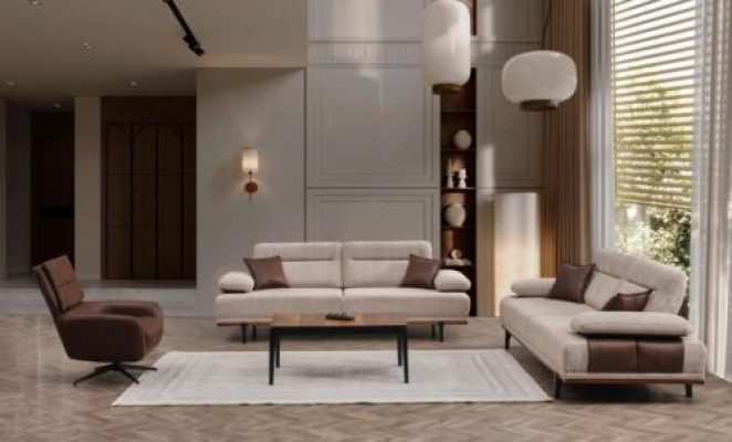 Conjunto de sofá de tela completo de tres plazas, sillón y sofá beige de 3 piezas.