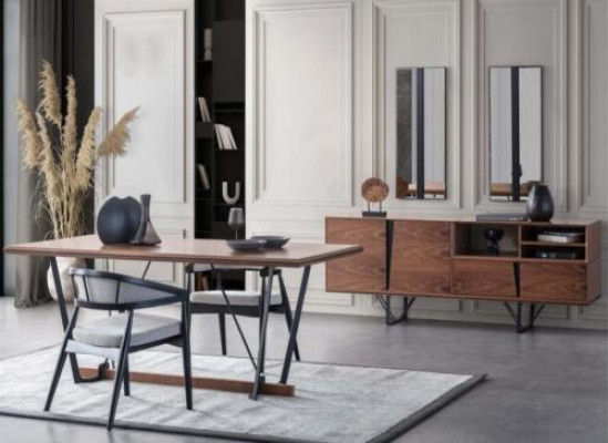 Grupo de comedor, conjunto de mesa de comedor de 2 piezas, aparador, mesa de comedor marrón de madera.