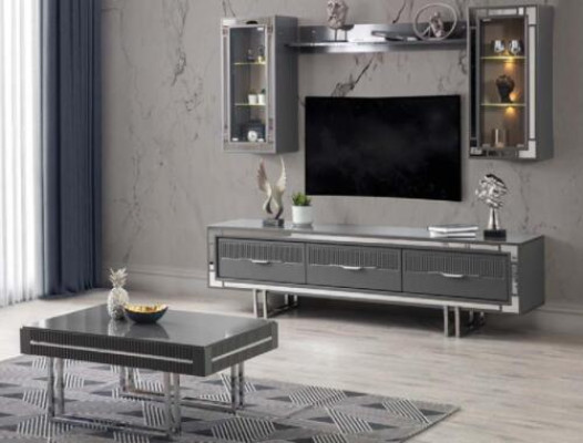Conjunto de 3 piezas en gris: mueble de pared para TV, soporte, armario y mesa de centro.