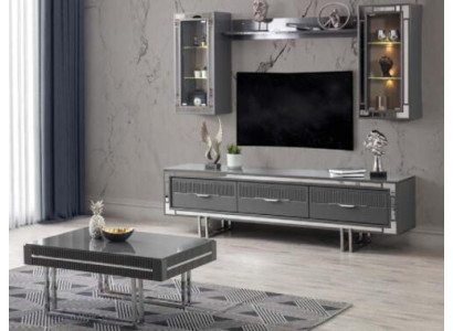 Conjunto de 3 piezas en gris: mueble de pared para TV, soporte, armario y mesa de centro.