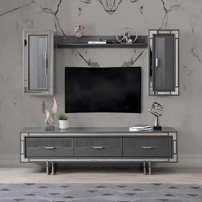 Conjunto de 3 piezas en gris: mueble de pared para TV, soporte, armario y mesa de centro.