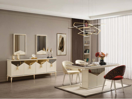 Mueble aparador de lujo de madera beige y oro.