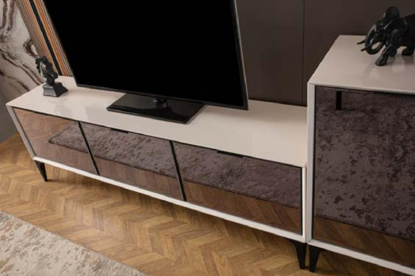 Mueble de televisión, soporte para TV, mesa de madera blanca, mueble de salón.