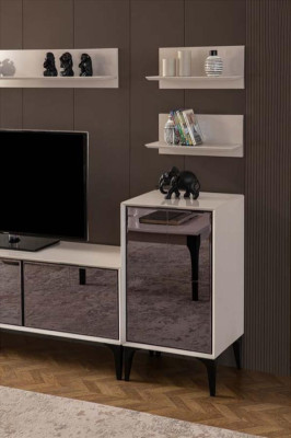 Mueble de televisión, soporte para TV, mesa de madera blanca, mueble de salón.