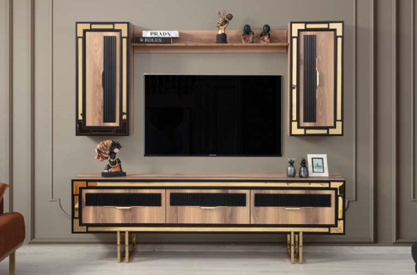 Aparador de sala de estar, soporte para TV, bajo mueble de pared, madera marrón, muebles.