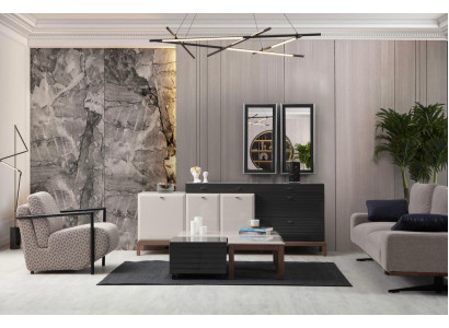 Conjunto exclusivo de salón de diseño, 3+1 plazas, aparador y mesa de centro.