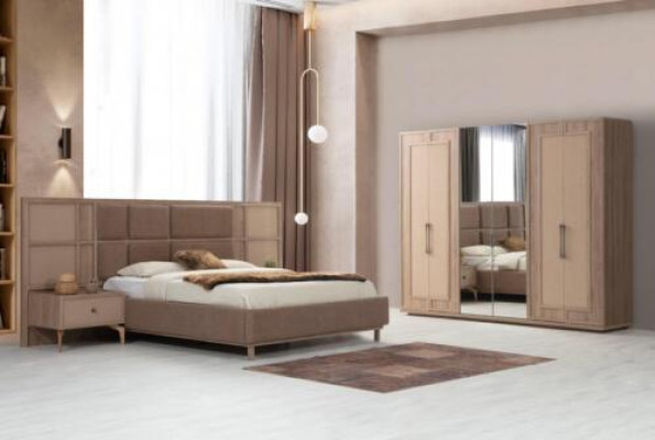 Juego de dormitorio marrón: cabecero tapizado, mesitas de noche, armario.