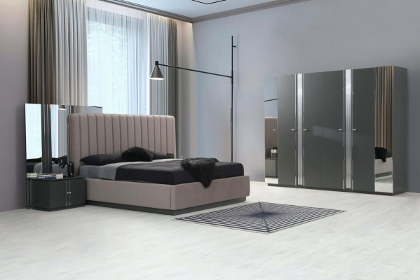 Elegante dormitorio Cama Muebles de lujo Mesitas de noche Armario de diseñador