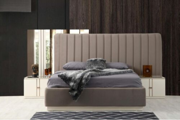 Diseño conjunto de dormitorio elegante, cama de lujo y 2 mesitas de noche modernas.
