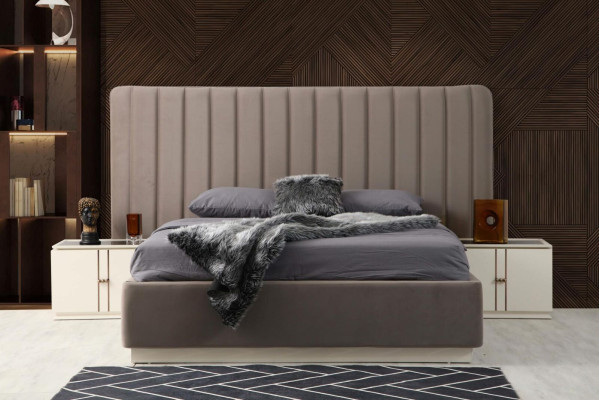 Diseño conjunto de dormitorio elegante, cama de lujo y 2 mesitas de noche modernas.