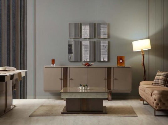 Conjunto de comedor elegante que consta de mesa de comedor + 4 sillas + aparador de 6 piezas.