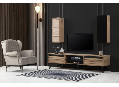 Conjunto exclusivo de sala de estar con soporte para TV y sillón. Diseño de lujo, nuevo, 2 piezas.