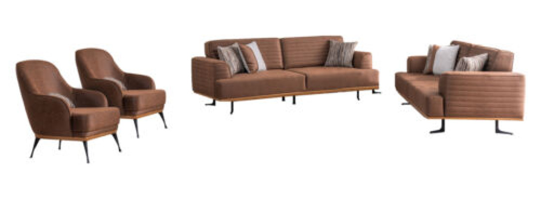 Alta calidad Juego de muebles tapizados marrón de 4 piezas con sofás de tres plazas y sillones.