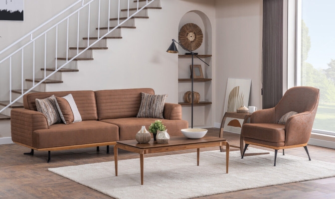 Alta calidad Juego de muebles tapizados marrón de 4 piezas con sofás de tres plazas y sillones.