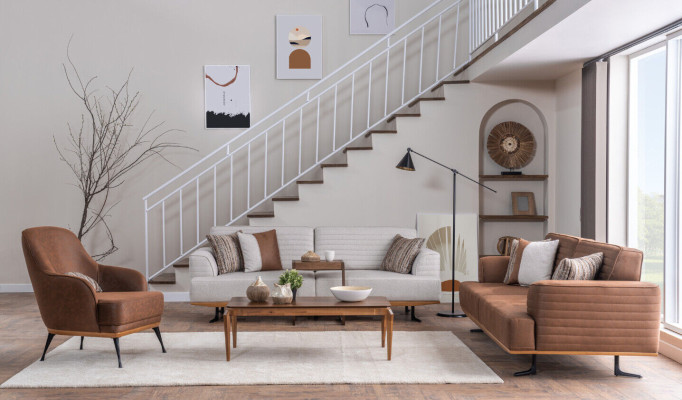 Sofá de tres piezas de lujo con tapizado y sillón para sala de estar.