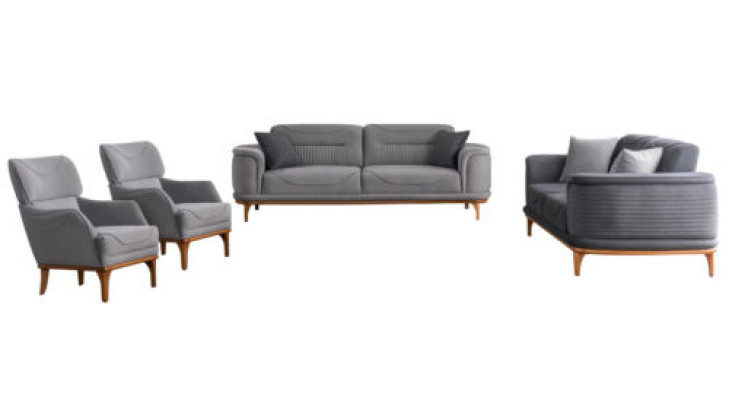 Moderno conjunto de muebles tapizados grises: sofás y sillones para sala de estar nuevos.