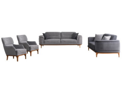 Moderno conjunto de muebles tapizados grises: sofás y sillones para sala de estar nuevos.