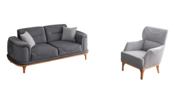 Moderno conjunto de sala de estar de 2 piezas en color gris: sofá de tres plazas y sillón.