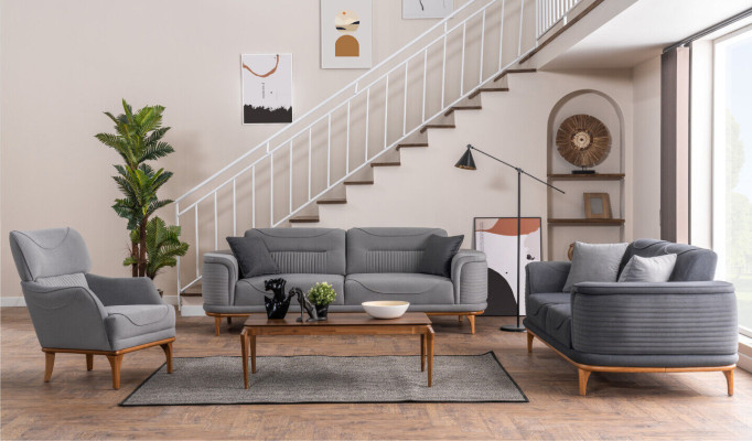 Moderno conjunto de sala de estar de 2 piezas en color gris: sofá de tres plazas y sillón.