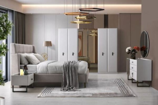 Blanco juego de dormitorio, cama de dormitorio de diseñador, armario, cómoda.